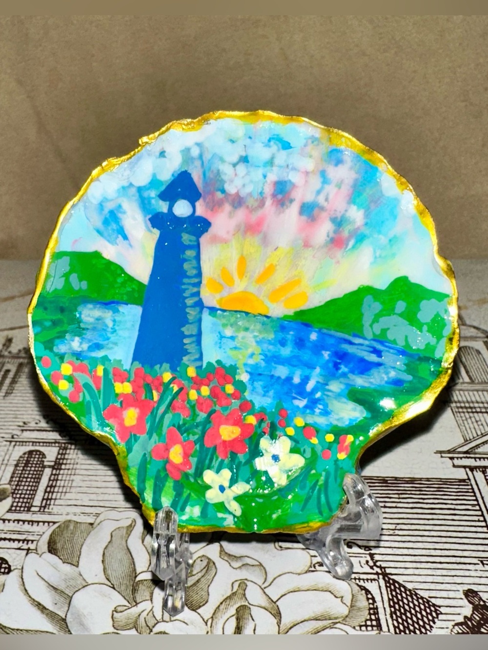 Handmade Painted Lighthouse Seashell Coastal Art Display Piece